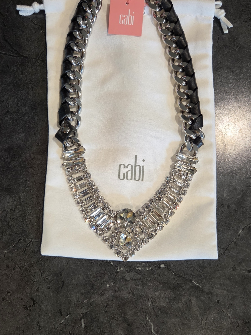 CAbi Silver and Black Crystal Bib Necklace